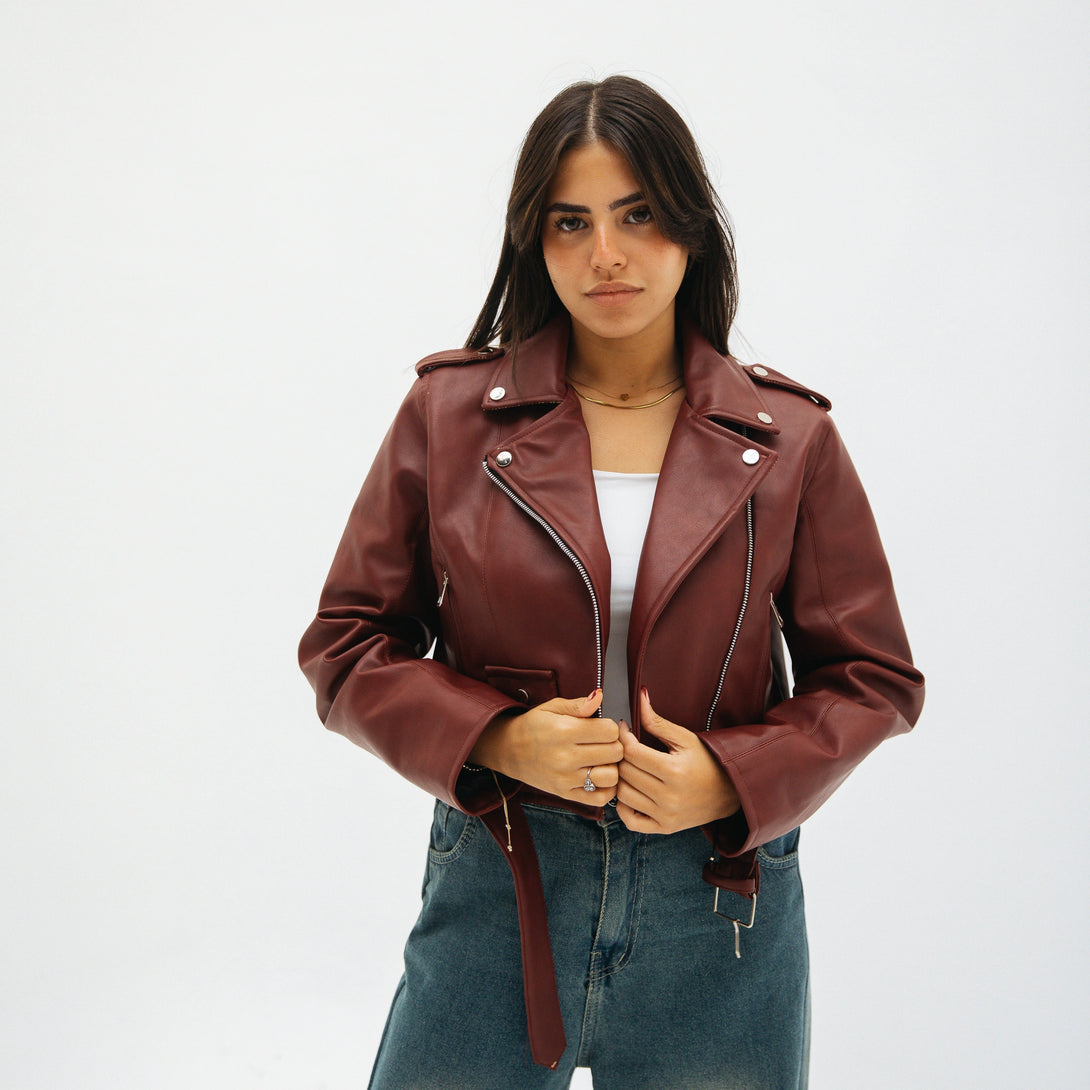 Classic Leather Moto Jacket-Brugundy