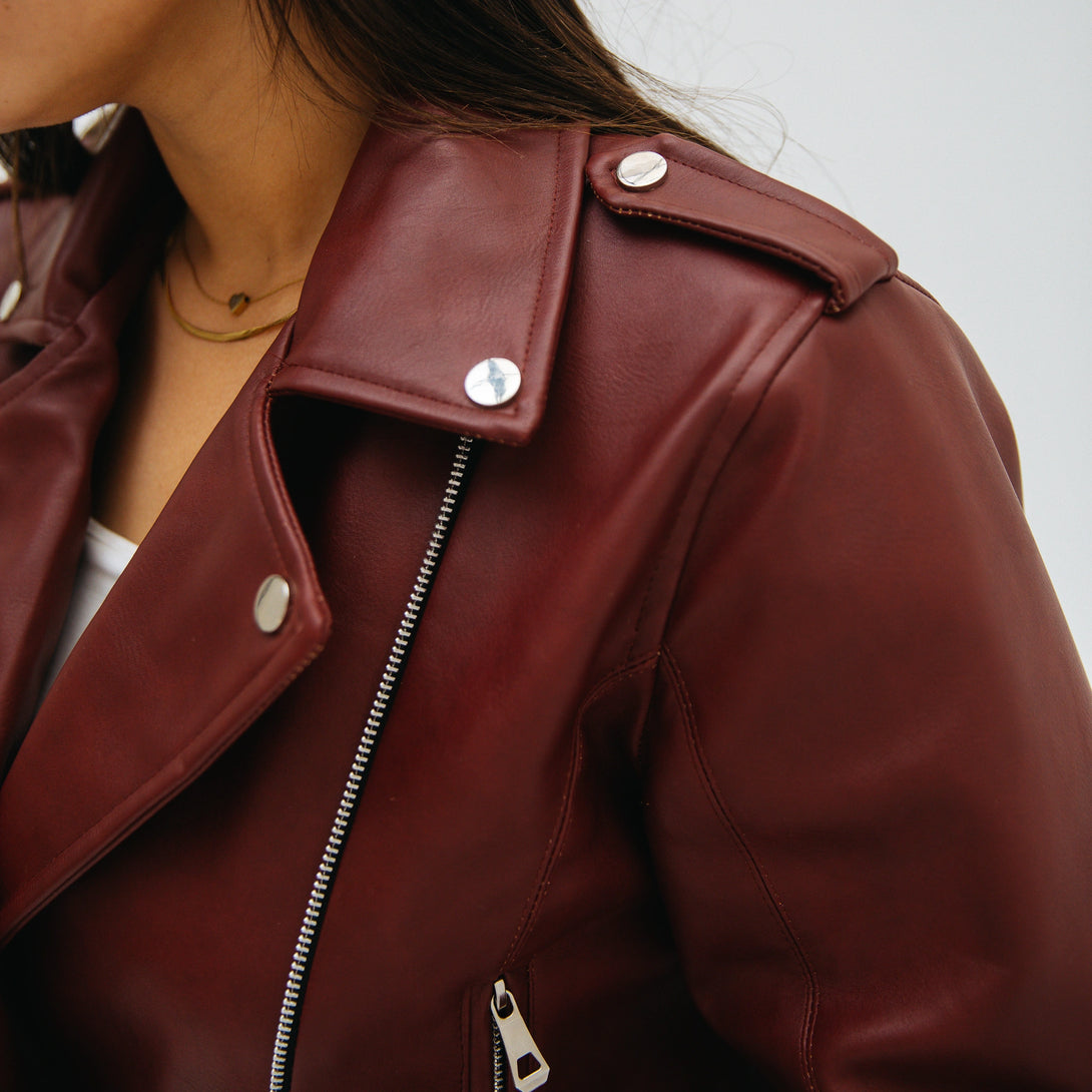 Classic Leather Moto Jacket-Brugundy