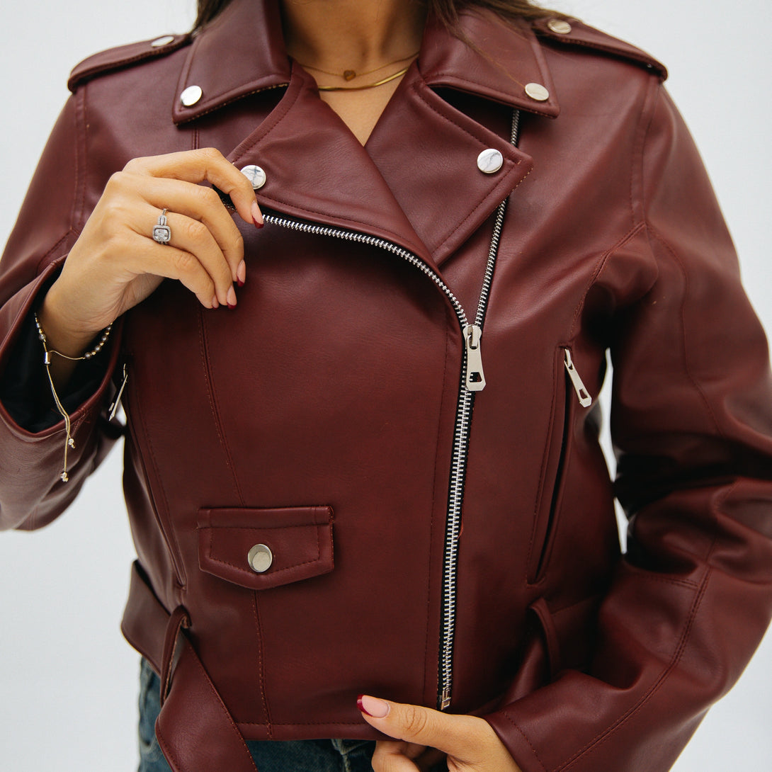 Classic Leather Moto Jacket-Brugundy