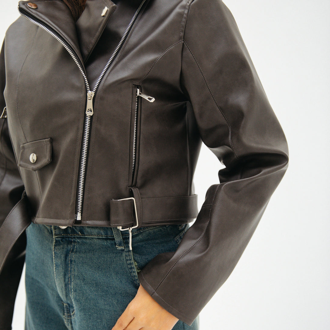 Classic Leather Moto Jacket-Grey