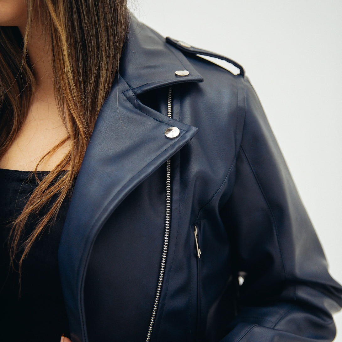 Classic Leather Moto Jacket-Navy