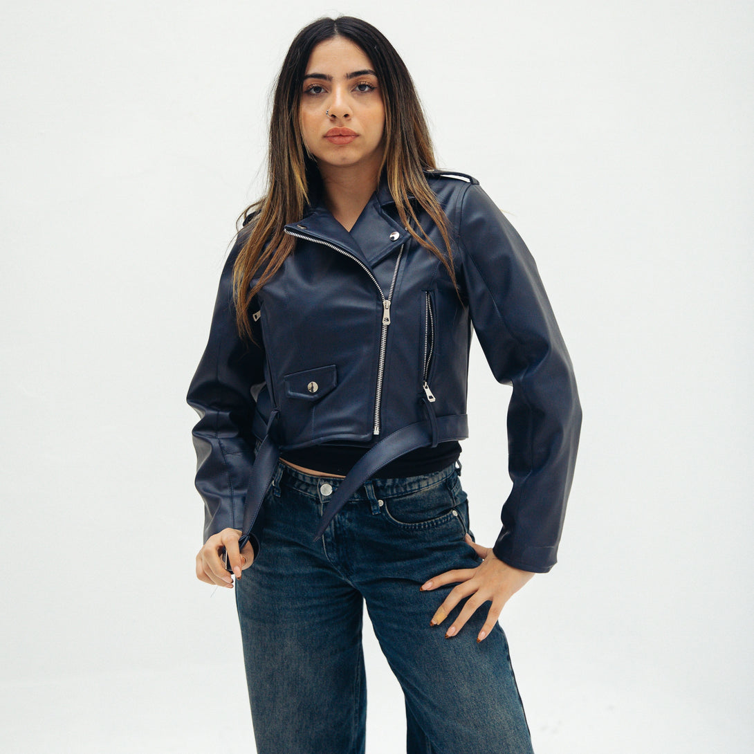 Classic Leather Moto Jacket-Navy