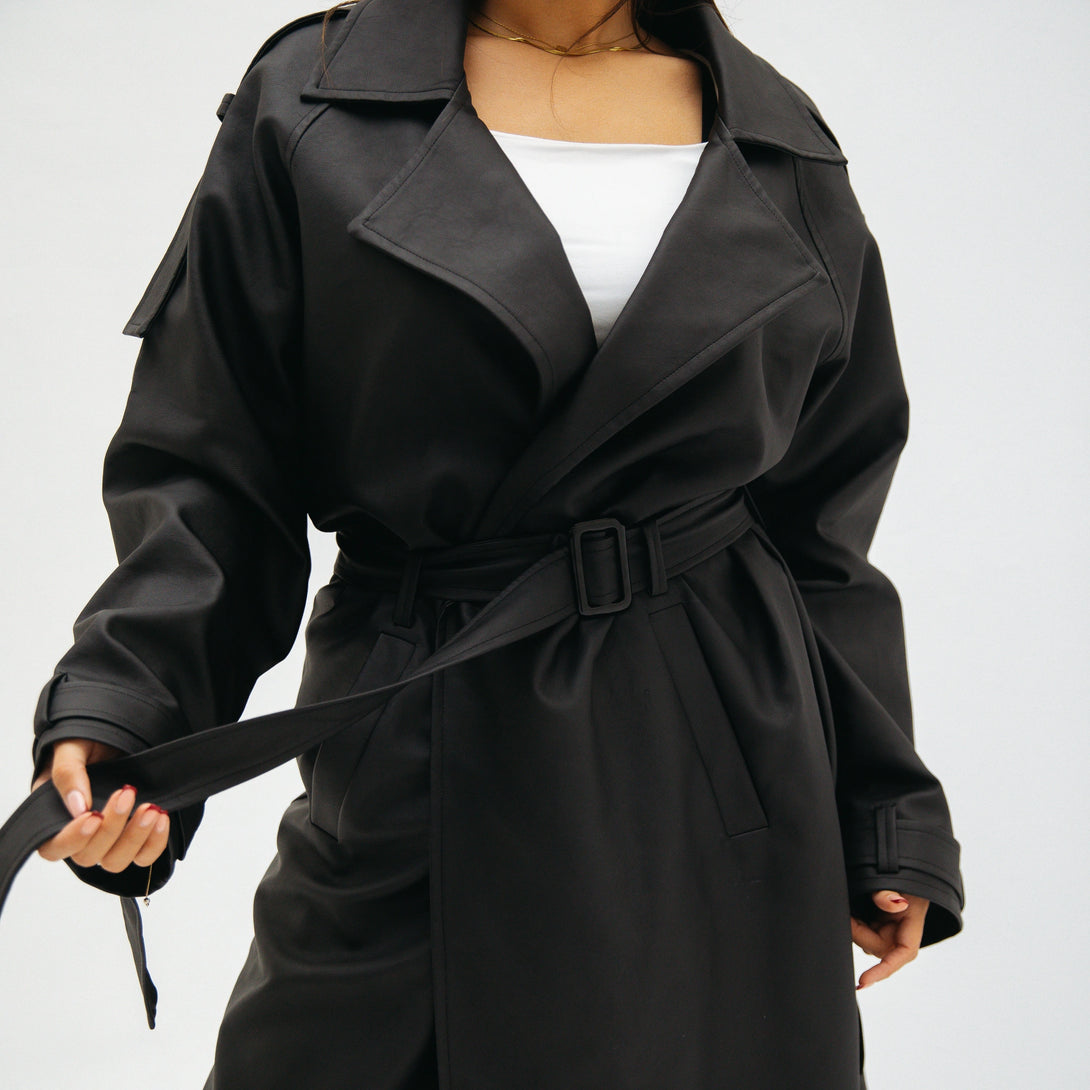 Leather trench coat-Black